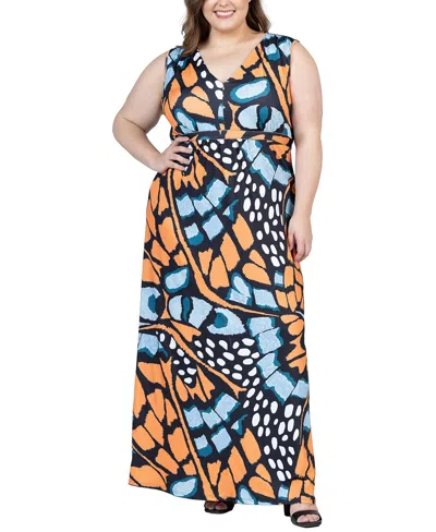 24seven Comfort Apparel Plus Size Empire Waist Sleeveless Maxi Dress In Orange Multi