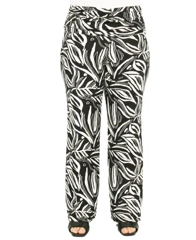 24seven Comfort Apparel Curvy Essential Abstract Print Foldover Waist Wide Leg Pants In Multi