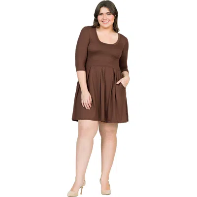 24seven Comfort Apparel Plus Size Scoop Neck Fit N Flare Knee Length Dress In Brown