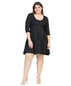 24seven Comfort Apparel Plus Size Fit And Flare Elbow Sleeves Dress In Black