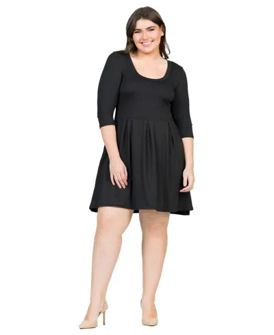 24seven Comfort Apparel Plus Size Fit And Flare Elbow Sleeves Dress In Black