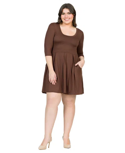 24seven Comfort Apparel Plus Size Fit And Flare Elbow Sleeves Dress In Brown
