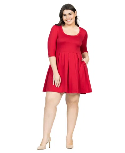24seven Comfort Apparel Plus Size Fit And Flare Elbow Sleeves Dress In Red