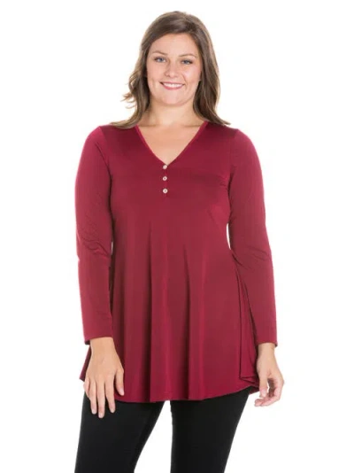 24seven Comfort Apparel Plus Size Flared Long Sleeve Henley Tunic Top In Burgundy