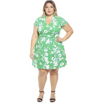 24seven Comfort Apparel Plus Size Floral Collar Knee Length Side Tie Wrap Dress In Green