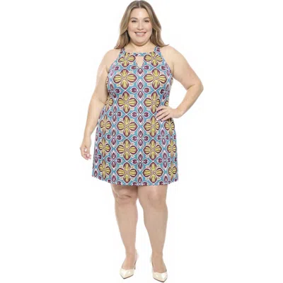 24seven Comfort Apparel Plus Size Floral Knee Length Paisley Sleeveless Keyhole Dress In Blue