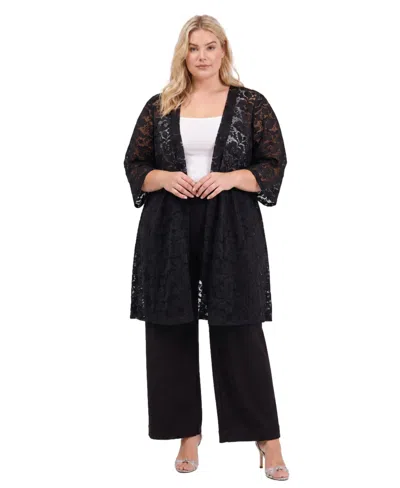 24seven Comfort Apparel Plus Size Floral Lace Open-front Jacket In Black