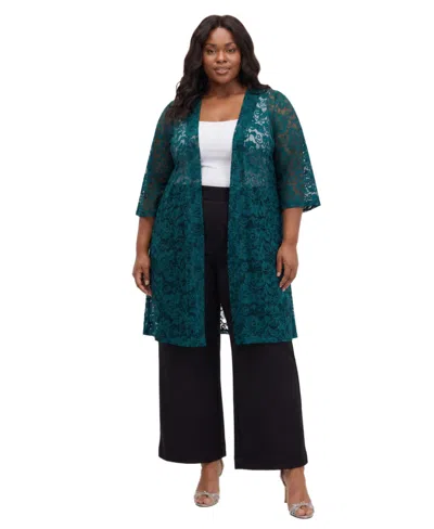 24seven Comfort Apparel Plus Size Floral Lace Open-front Jacket In Green