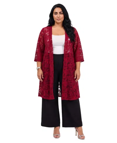 24seven Comfort Apparel Plus Size Floral Lace Open-front Jacket In Red