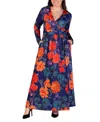 24seven Comfort Apparel Women's Navy Floral Print Long Sleeve Side Slit Maxi Dress In Orange Multi