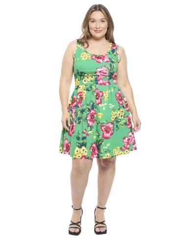 24seven Comfort Apparel Plus Size Floral Sleeveless Pleated Pocket Fit N Flare Dress In Green