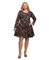 24seven Comfort Apparel Plus Size Floral Print Long Sleeve Fit And Flare Mini Dress In Multi