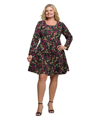 24SEVEN COMFORT APPAREL PLUS SIZE FLORAL PRINT LONG SLEEVE FIT AND FLARE MINI DRESS