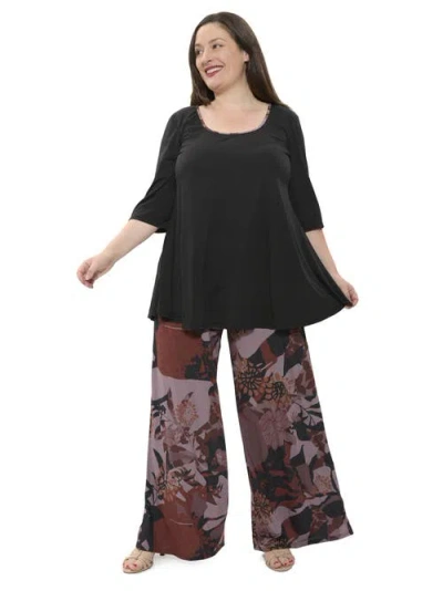 24seven Comfort Apparel Plus Size Floral Print Scoop Neck Elbow Sleeve Swing Tunic Top And Pant Set In Multi