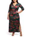 24seven Comfort Apparel Plus Size Floral Print Three Side Slit Maxi Dress In Multi