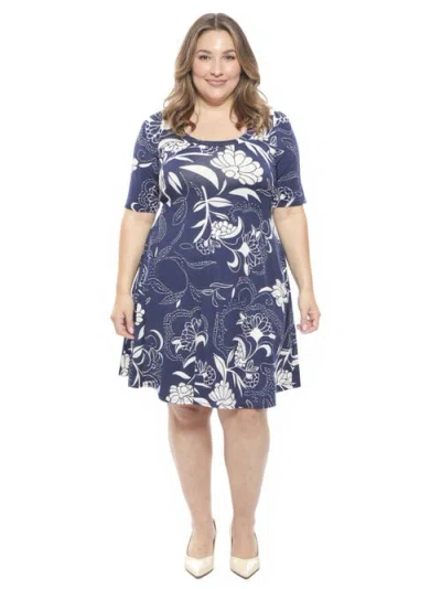 24seven Comfort Apparel Plus Size Floral Scoop Neck Elbow Sleeve Knee Length A-line Dress In Blue