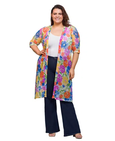 24seven Comfort Apparel Plus Size Floral Sheer Duster Cardigan Sweater In Multi