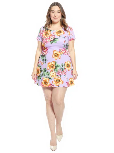 24seven Comfort Apparel Plus Size Floral Short Sleeve Round Neck Mini Shift Dress In Black