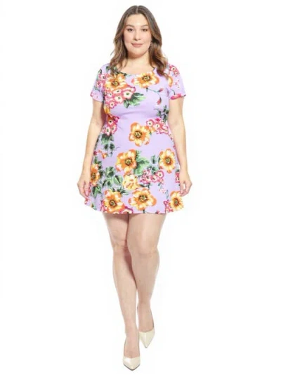 24seven Comfort Apparel Plus Size Floral Short Sleeve Round Neck Mini Shift Dress In Multi