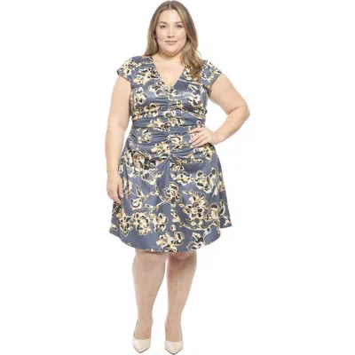 24seven Comfort Apparel Plus Size Floral V-neck Cap Sleeve Ruched Front Knee Length Dress In Blue