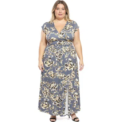 24seven Comfort Apparel Plus Size Floral V-neck Cap Sleeve Side Slit Pocket Maxi Dress In Blue