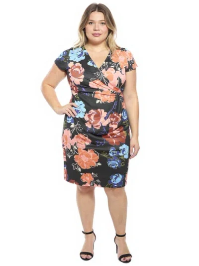 24seven Comfort Apparel Plus Size Floral V-neck Short Sleeve Knee Length Faux Wrap Dress In Multi