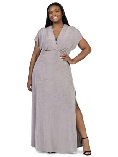 24SEVEN COMFORT APPAREL 24SEVEN COMFORT APPAREL PLUS SIZE  FLUTTER SLEEVE METALLIC KNIT MAXI DRESS FRONT SLIT EMPIRE WAIST