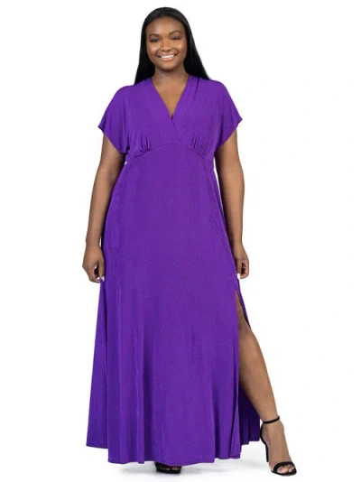 24SEVEN COMFORT APPAREL 24SEVEN COMFORT APPAREL PLUS SIZE  FLUTTER SLEEVE METALLIC KNIT MAXI DRESS FRONT SLIT EMPIRE WAIST