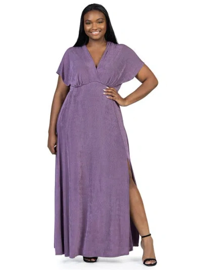 24seven Comfort Apparel Plus Size  Flutter Sleeve Metallic Knit Maxi Dress Front Slit Empire Waist In Purple