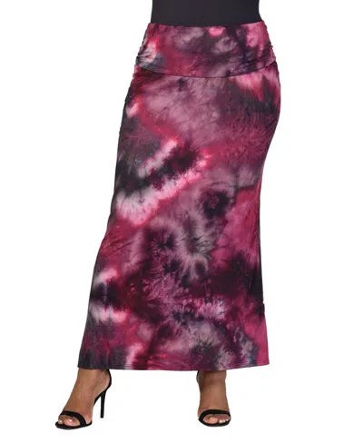 24seven Comfort Apparel Plus Size Fold Over Waist Printed Maxi Skirt In Pink Multi