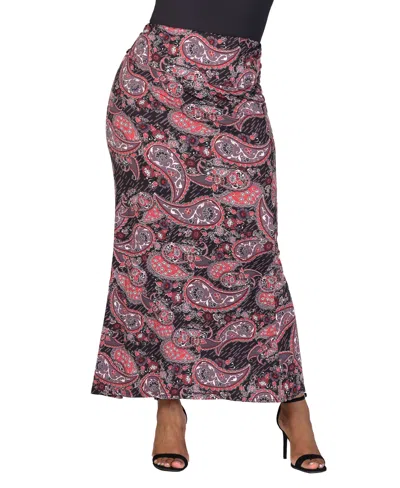24seven Comfort Apparel Plus Size Fold Over Waist Printed Maxi Skirt In Pink Paisley Multi