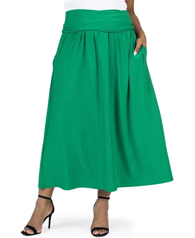 24seven Comfort Apparel Plus Size Foldover Maxi Skirt With Pockets In Green