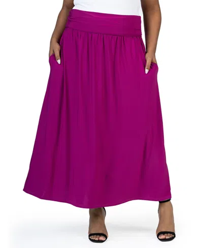 24seven Comfort Apparel Plus Size Foldover Maxi Skirt With Pockets In Magenta
