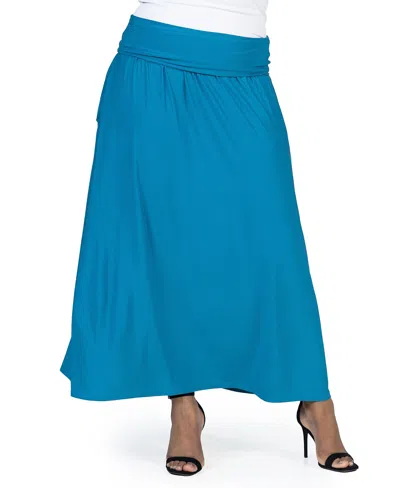 24seven Comfort Apparel Plus Size Foldover Maxi Skirt With Pockets In Teal