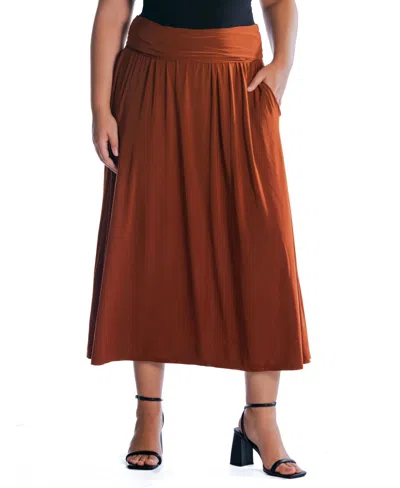 24seven Comfort Apparel Plus Size Foldover Maxi Skirt With Pockets In Tobacco