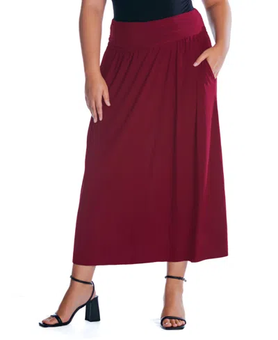 24seven Comfort Apparel Plus Size Foldover Maxi Skirt With Pockets In Wine