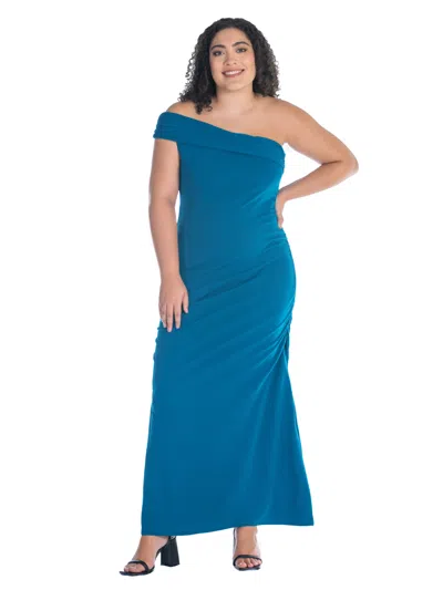 24seven Comfort Apparel Plus Size Formal One Shoulder Rouched Mermaid Maxi Dress In Blue