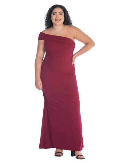 24seven Comfort Apparel Plus Size Formal One Shoulder Rouched Mermaid Maxi Dress In Burgundy