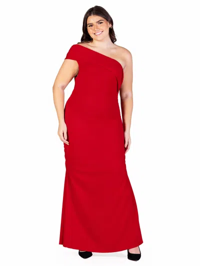 24seven Comfort Apparel Plus Size Formal One Shoulder Ruched Mermaid Maxi Dress In Burgundy