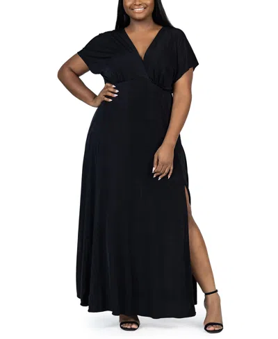 24seven Comfort Apparel Plus Size Front Slit Empire Waist Maxi Dress In Black