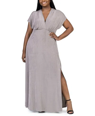 24seven Comfort Apparel Plus Size Front Slit Empire Waist Maxi Dress In Gray