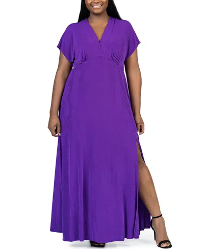 24seven Comfort Apparel Plus Size Front Slit Empire Waist Maxi Dress In Purple