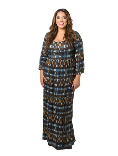 24seven Comfort Apparel Plus Size Geometric Print Long Sleeve Empire Waist Maxi Dress In Multi