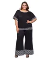 24seven Comfort Apparel Plus Size Geometric Print Trim 2-piece Top And Pants Set In Black