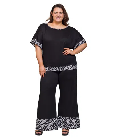 24seven Comfort Apparel Plus Size Geometric Print Trim 2-piece Top And Pants Set In Black