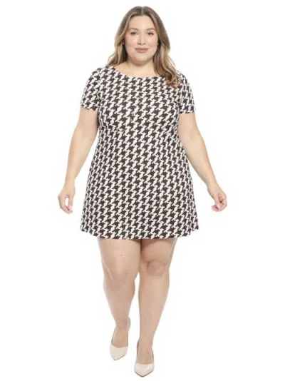 24seven Comfort Apparel Plus Size Geometric Short Sleeve Round Neck Mini Shift Dress In Black