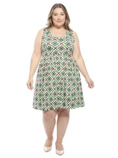 24seven Comfort Apparel Plus Size Geometric Sleeveless Fit N Flare Knee Length A-line Dress In Green