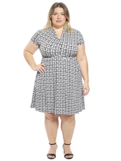 24seven Comfort Apparel Plus Size Geometric V-neck Faux Wrap Knee Length A-line Dress In Gray