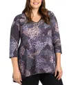 24seven Comfort Apparel Plus Size Gray Abstract Print V Neck Tunic Top In Blue