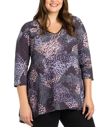 24seven Comfort Apparel Plus Size Gray Abstract Print V Neck Tunic Top In Blue